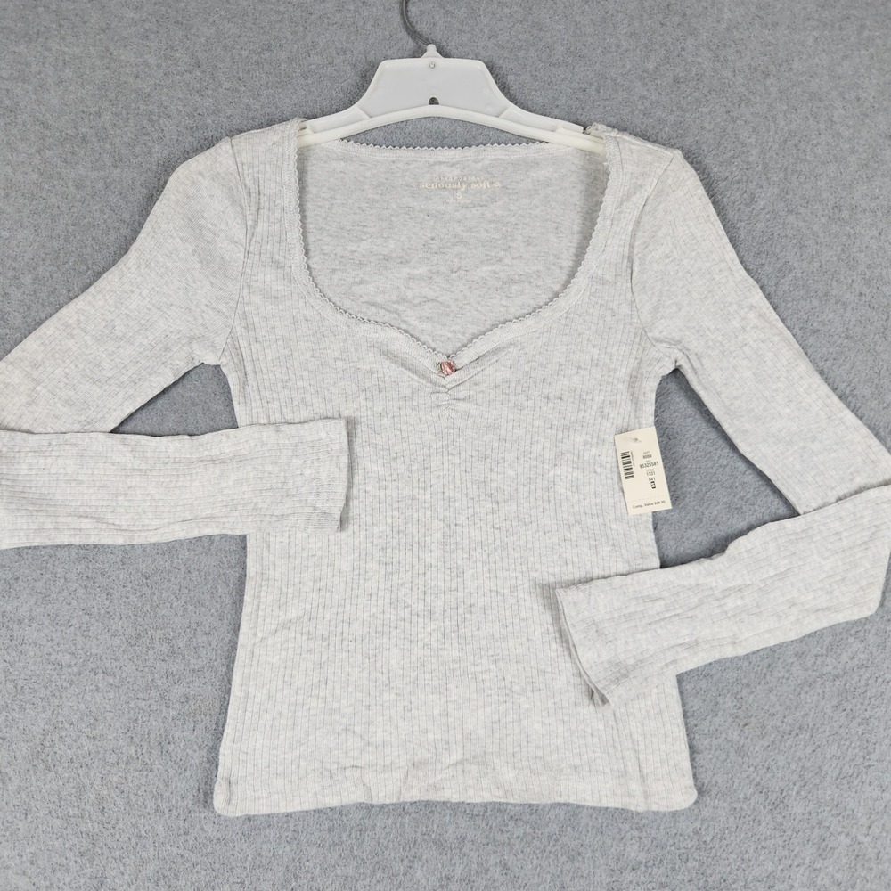 Aeropostale Seriously Soft Blouse Top Womens Small Gray Ribbed Sweetheart Neck